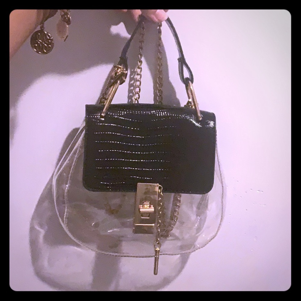 Cute clear mini purse with gold detailing.